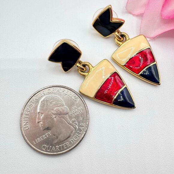 Vintage Trifari Nautical Flag Earrings Cream Red Blue Enamel Signed Preppy Chic - Picture 6 of 9